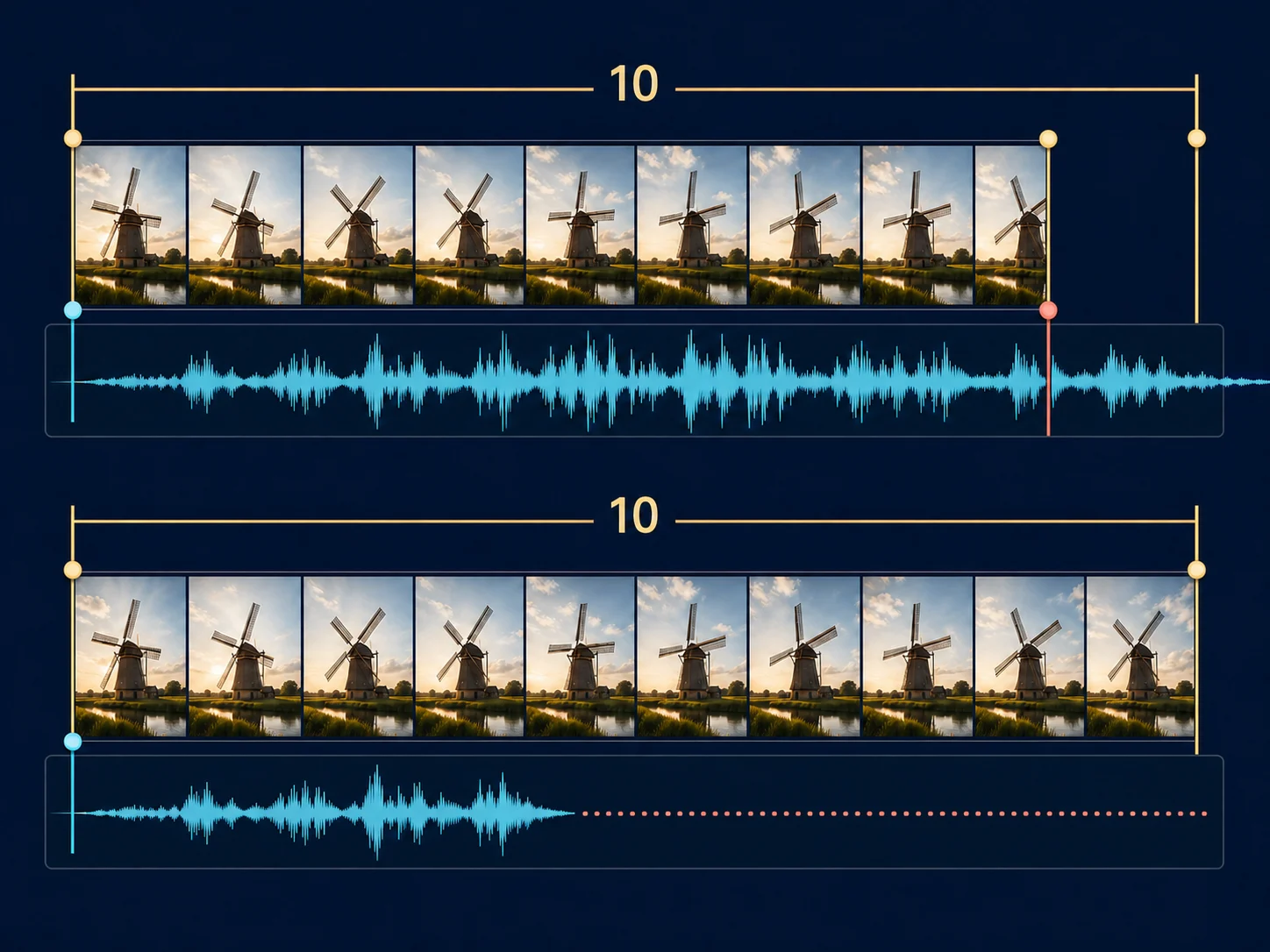 Avoid editorial edit showing long audio trimmed and short audio followed by a silent segment