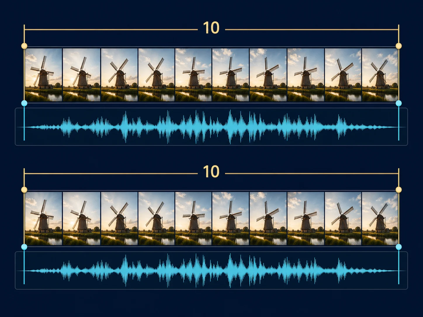 Recommended editorial timeline with supplied audio aligned to a ten-second windmill clip
