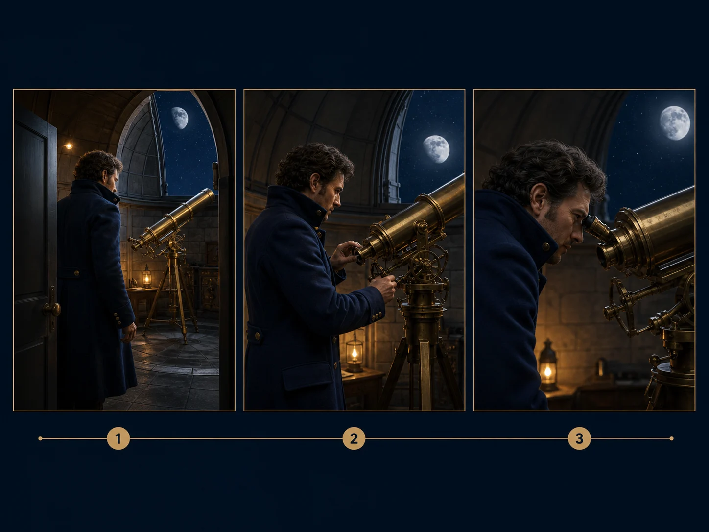 Recommended editorial storyboard with one astronomer completing three connected observatory actions