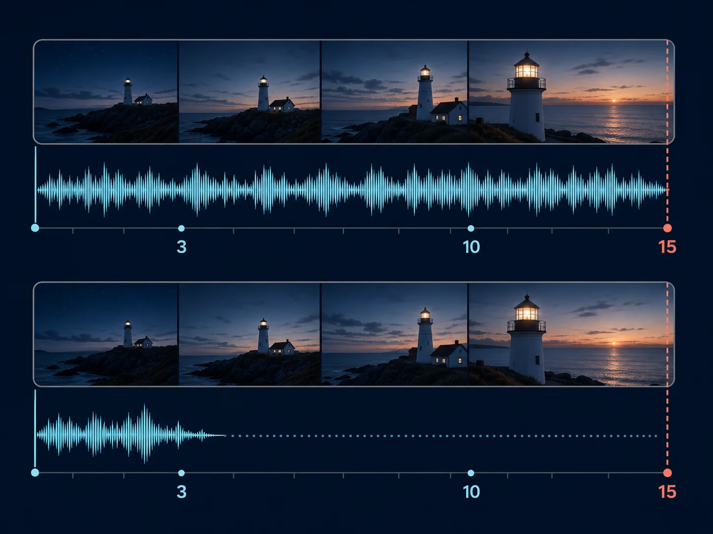 Editorial timeline diagram showing longer supplied audio trimmed at the video boundary and shorter audio followed by silence