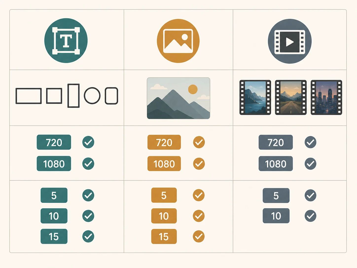 Editorial matrix comparing resolution, duration, framing, and required inputs across the three Wan 2.6 workflows