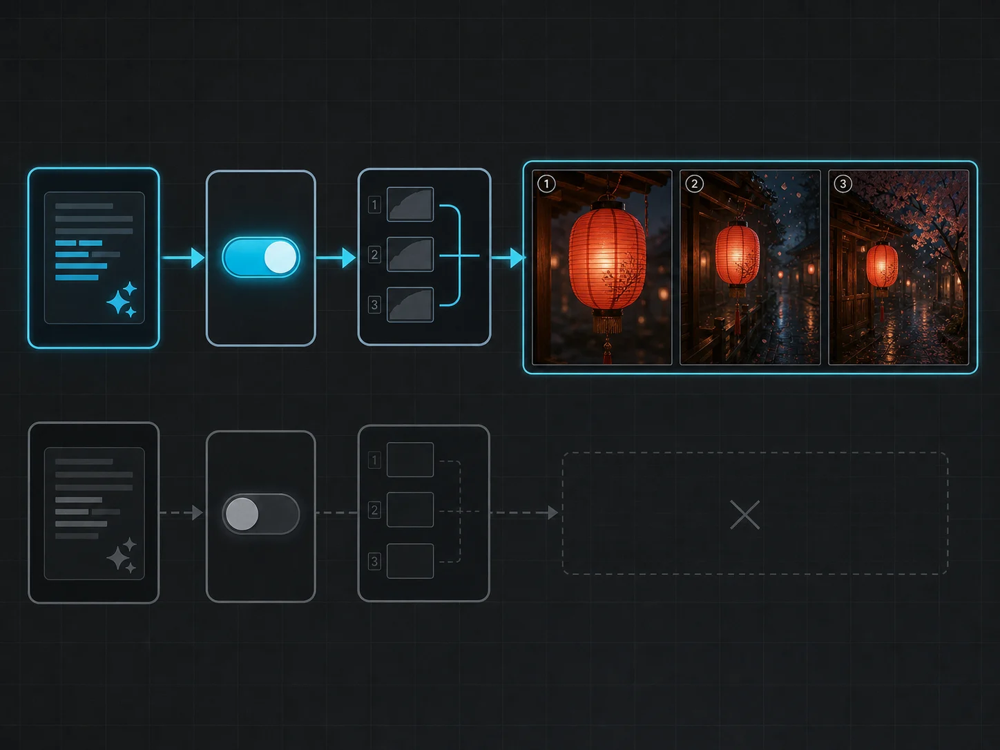 Editorial dependency diagram with prompt expansion enabling a coherent three-shot planning branch