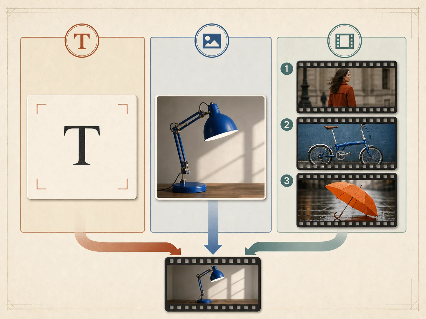 Editorial concept board with separate text, single start-image, and three video-reference input lanes