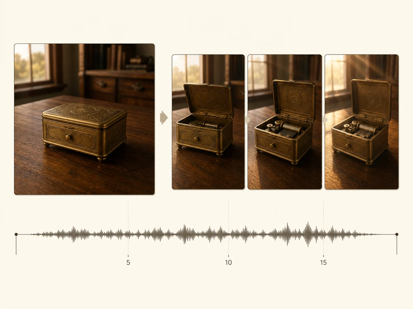 Editorial concept board showing one music-box start frame, a three-shot progression, and a supplied-audio timeline