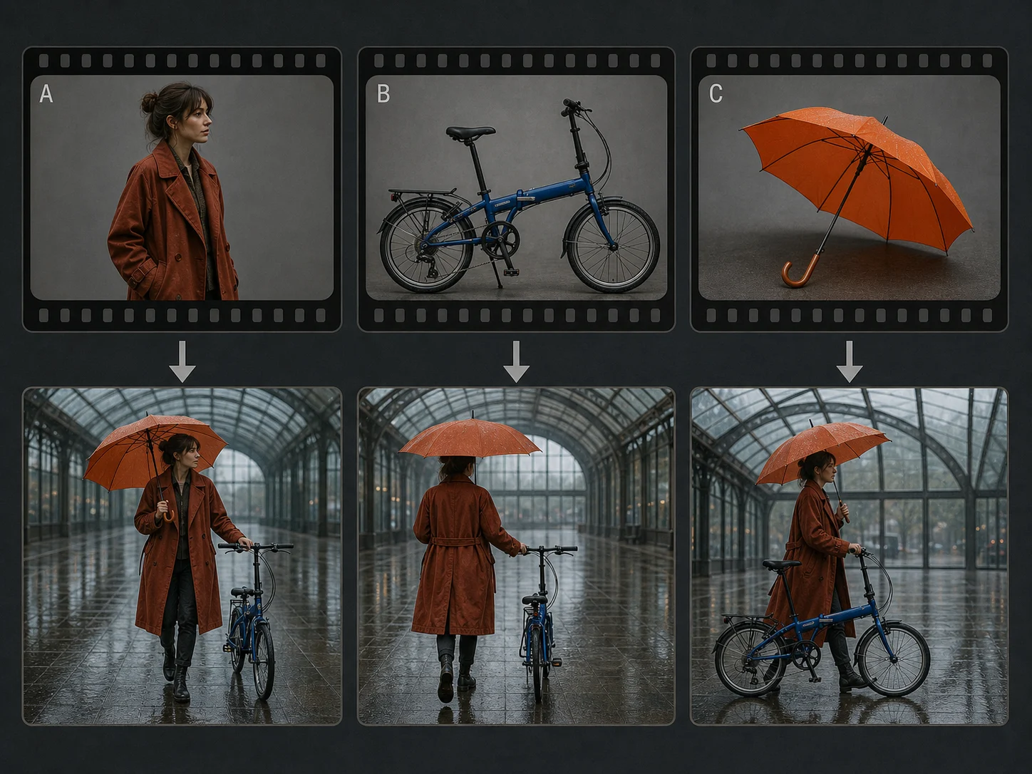 Editorial concept board assigning a woman, bicycle, and umbrella video reference to a new rainy-station storyboard