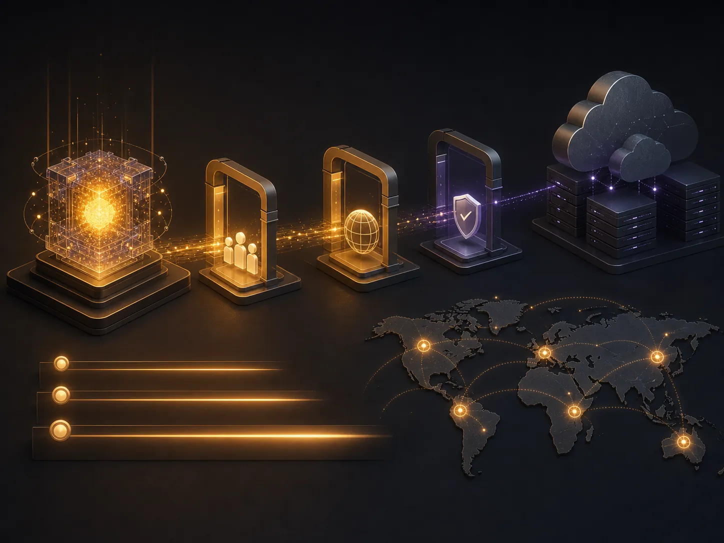 A staged model API rollout moving through access gates toward cloud infrastructure