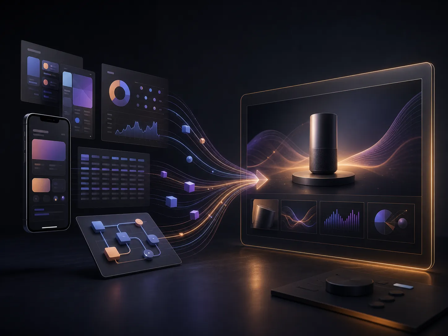 Interfaces, charts, data, and product flows becoming an animated presentation