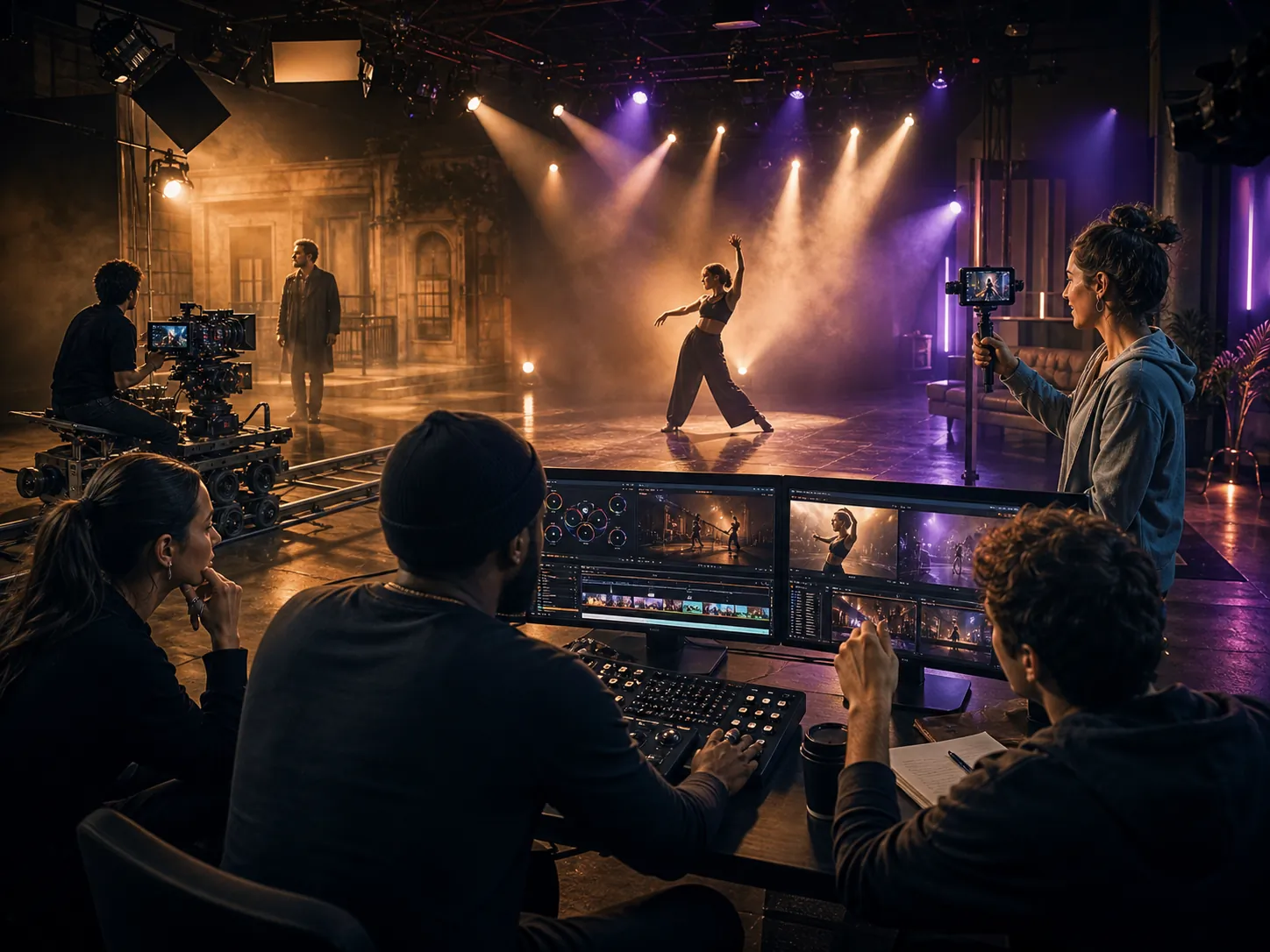 A creator team filming drama, dance, and lifestyle footage on one connected soundstage