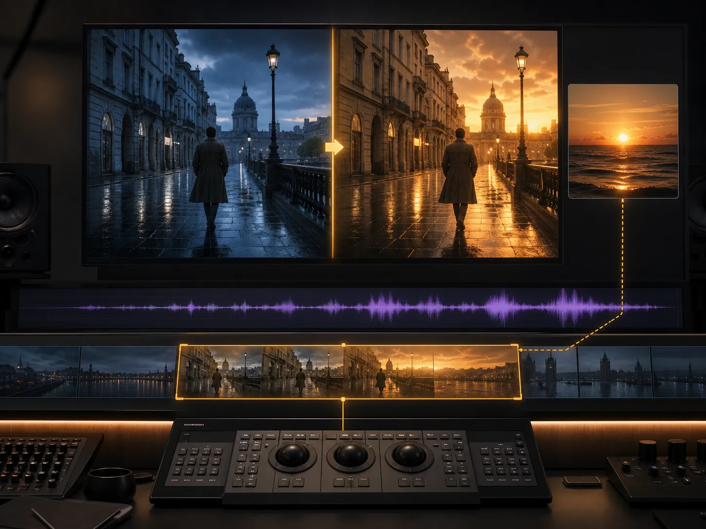 A controlled video edit changing weather and light while preserving the scene and subject