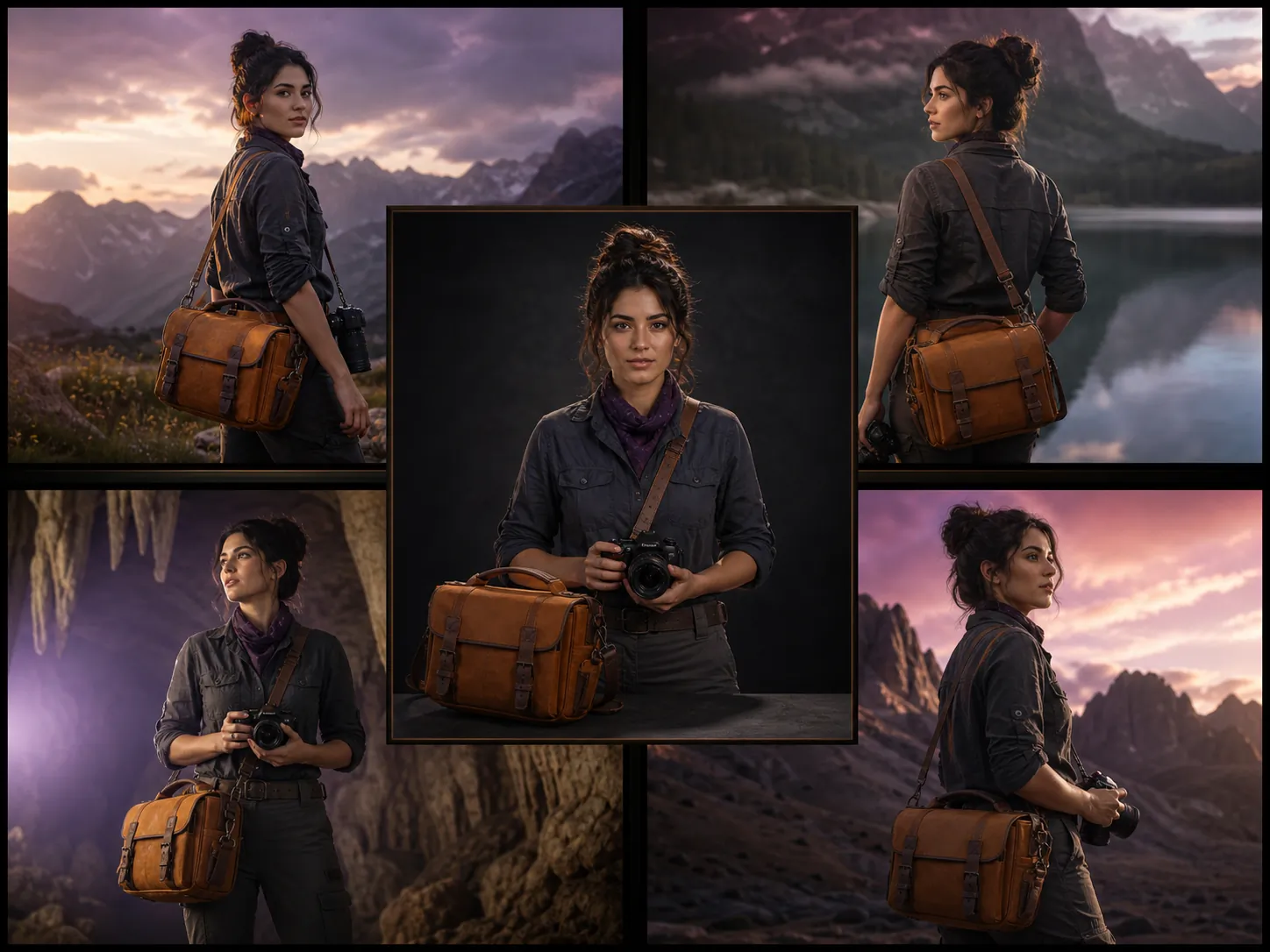 The same character, clothing, and camera bag preserved across multiple cinematic scenes