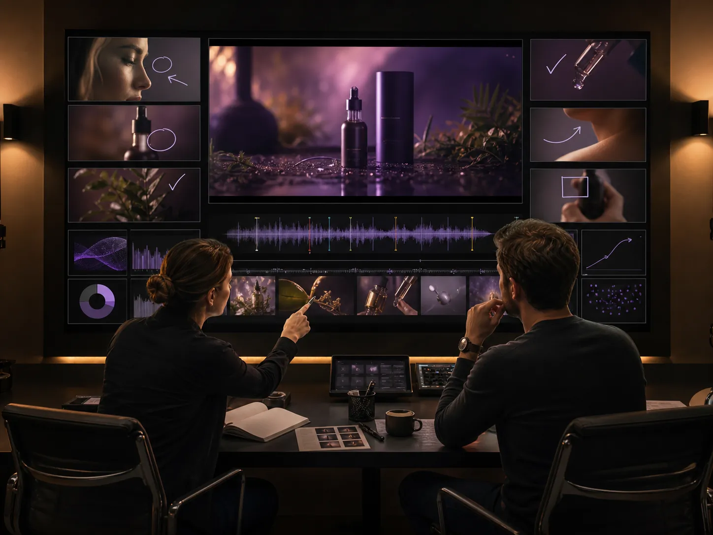 Production reviewers checking video frames, sound, product details, and visual continuity