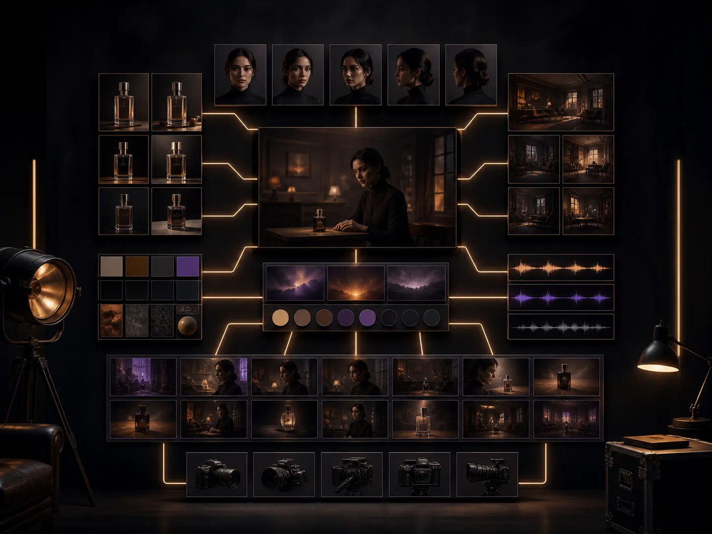 A character, product, location, sound, and camera references coordinated across a production board