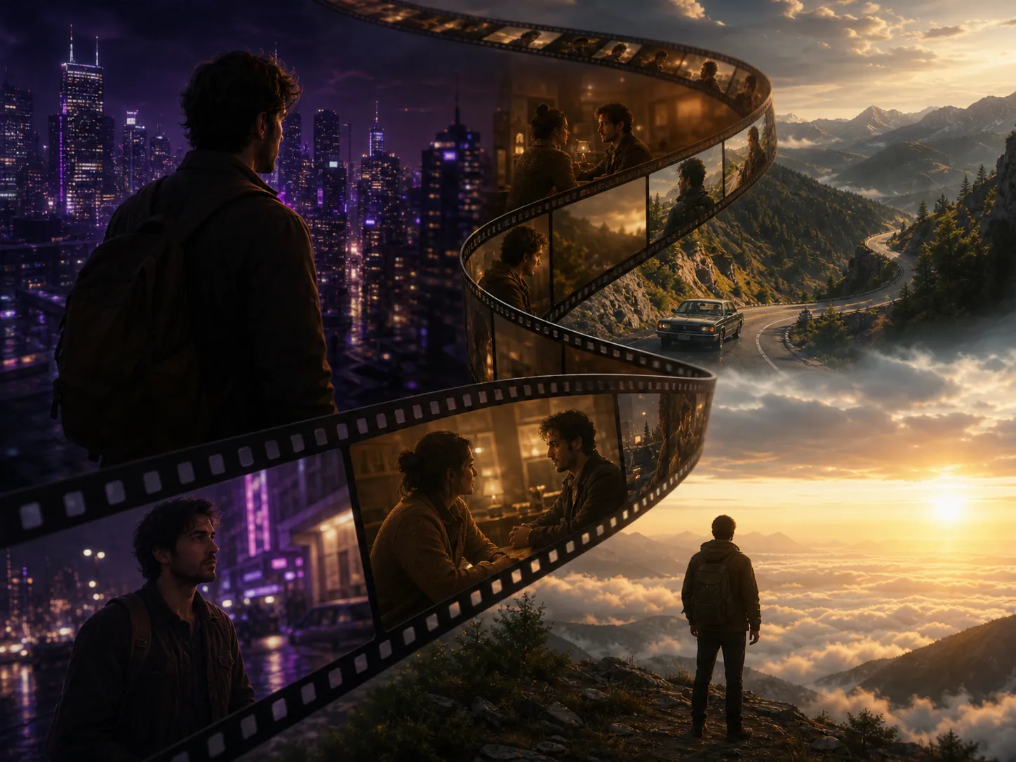 One consistent protagonist moving through a continuous multi-scene cinematic story