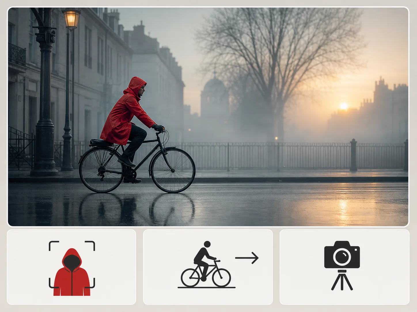 Recommended original scene with one red-raincoat cyclist, one action, and one camera priority