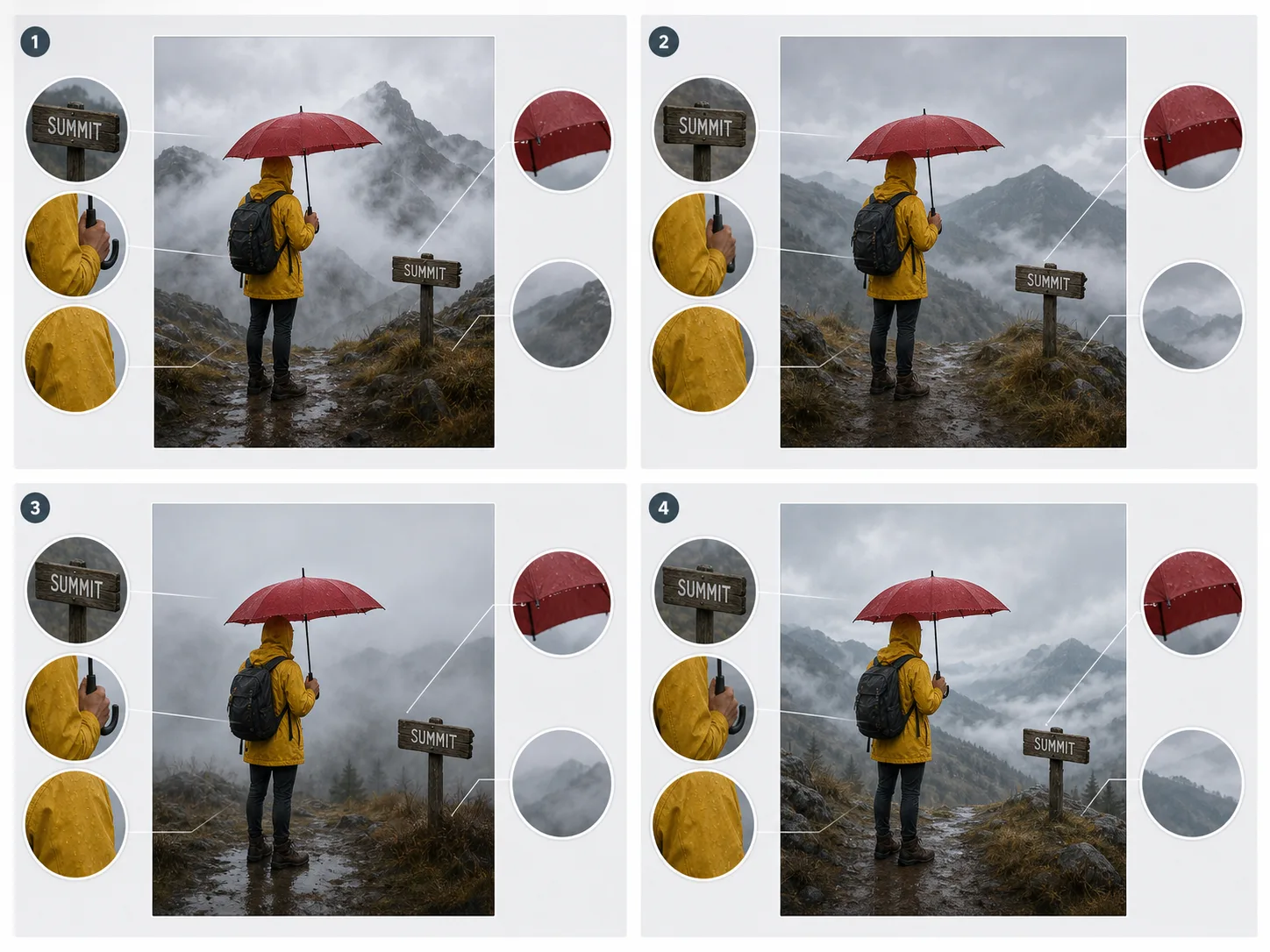 Recommended original four-candidate board inspecting sign text, hands, umbrella edges, fabric, and background