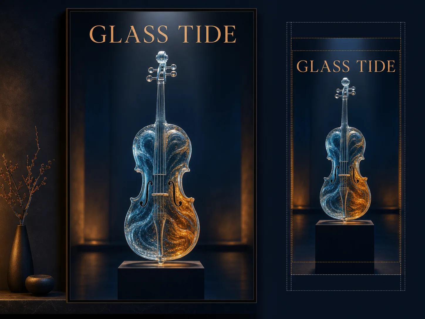 Recommended original portrait poster fitting the complete glass sculpture and headline inside its safe area
