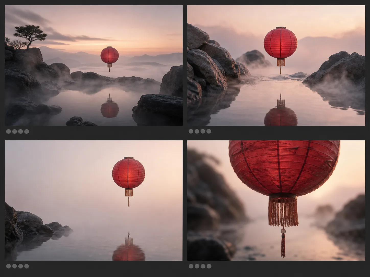 Original four-candidate concept board showing one red paper lantern brief with different framing and reflection choices
