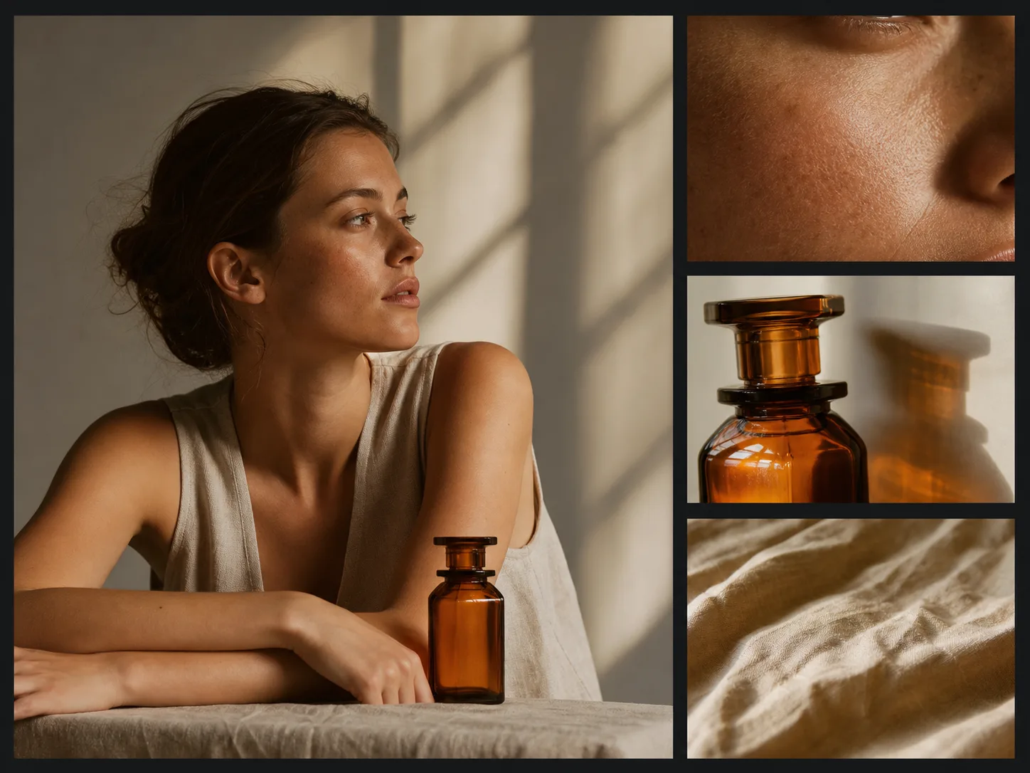 Original photorealistic campaign concept with an unbranded amber bottle and detail crops for skin, glass, and linen