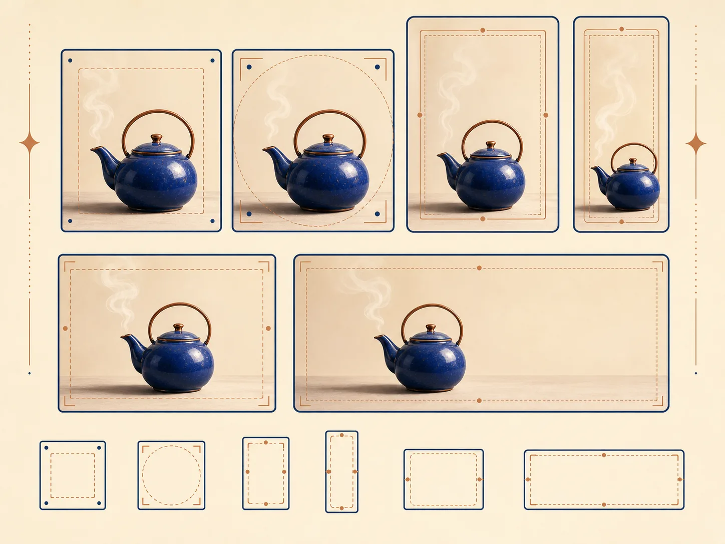 Original composition board staging the same cobalt teapot across six square, portrait, and landscape destination shapes