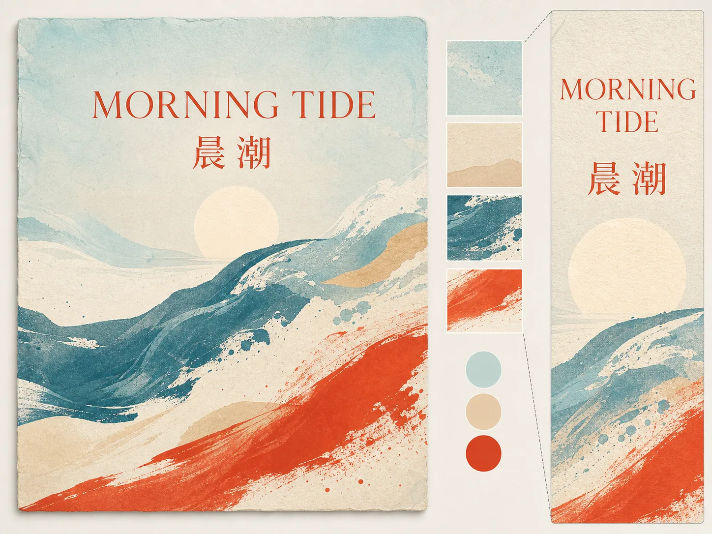 Original Morning Tide poster concept with short English and Chinese copy and a magnified text inspection strip