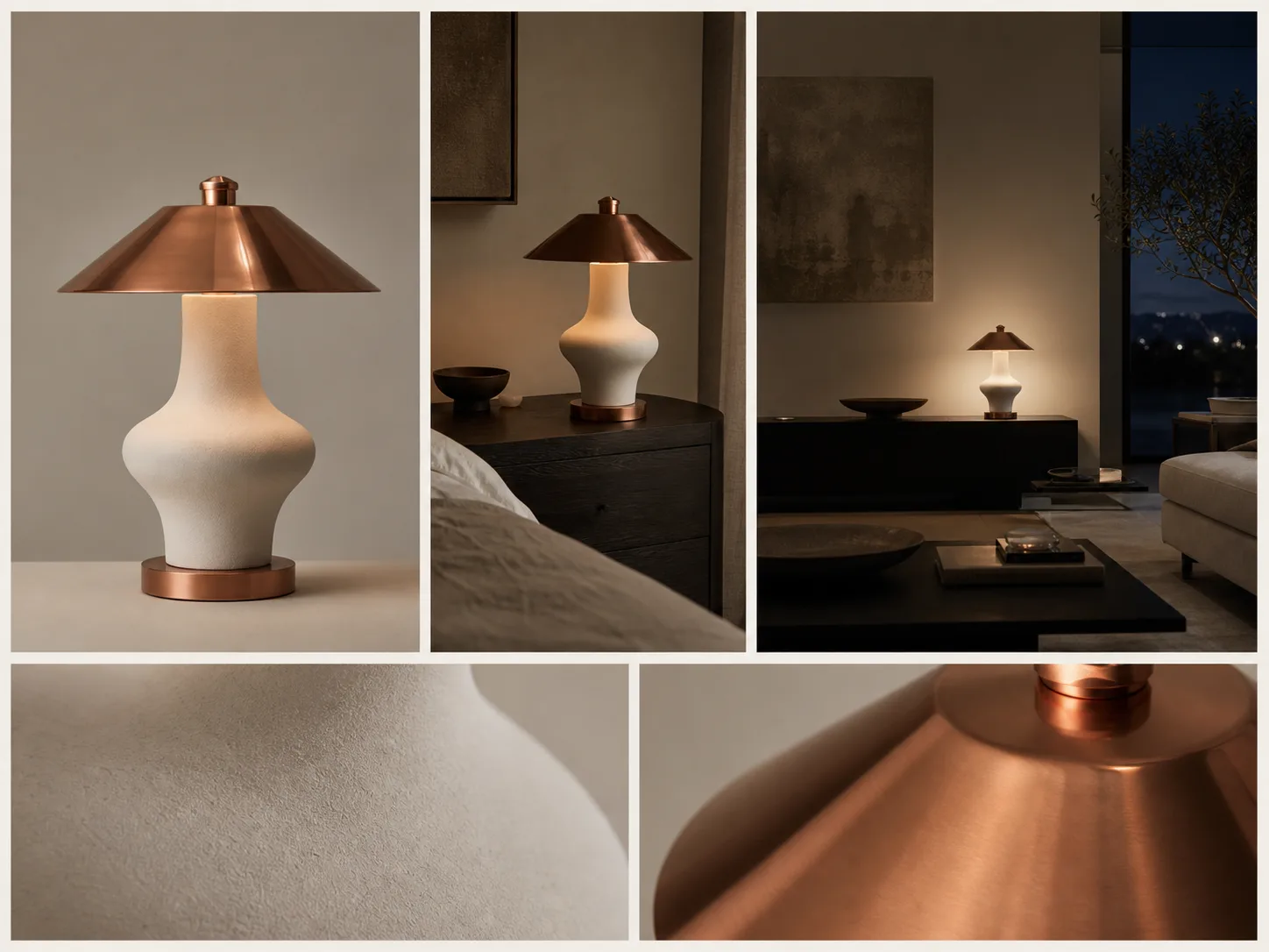 Original campaign concept comparing square, portrait, and landscape scenes for one ivory ceramic and copper lamp