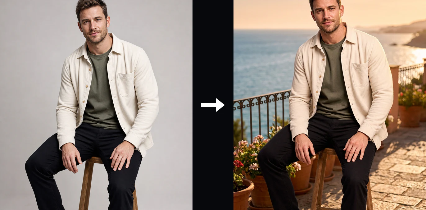 A fictional man moved from a neutral studio to a warm Mediterranean sea-view terrace after an AI background change