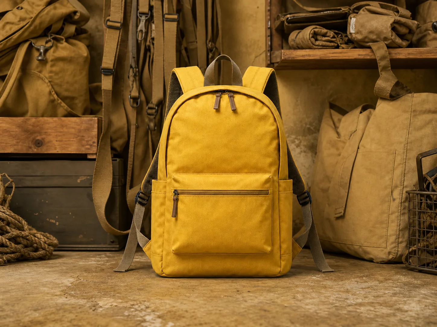 Avoid example of the same mustard backpack surrounded by similar bags, straps, shelves, and clutter