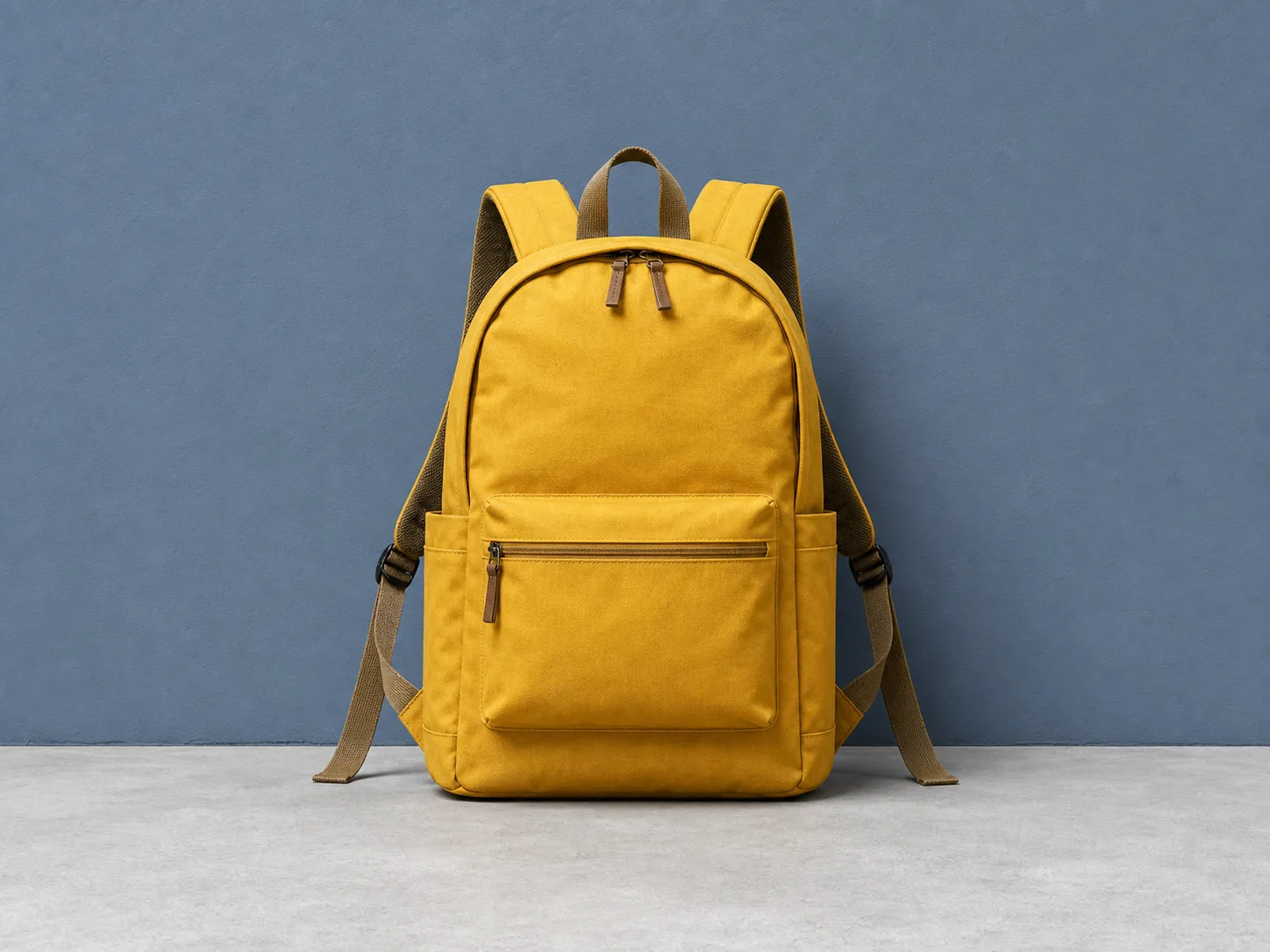 Recommended mustard backpack fully visible against a simple contrasting blue background
