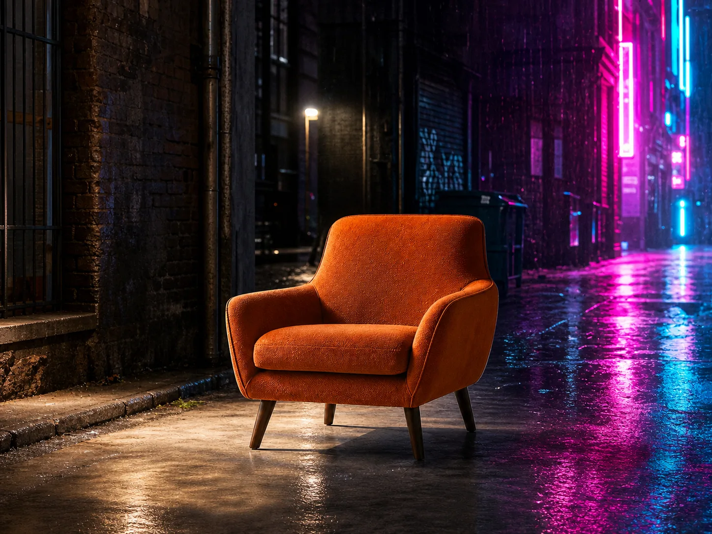 Avoid example of the same orange chair retaining warm daylight in a rainy neon alley