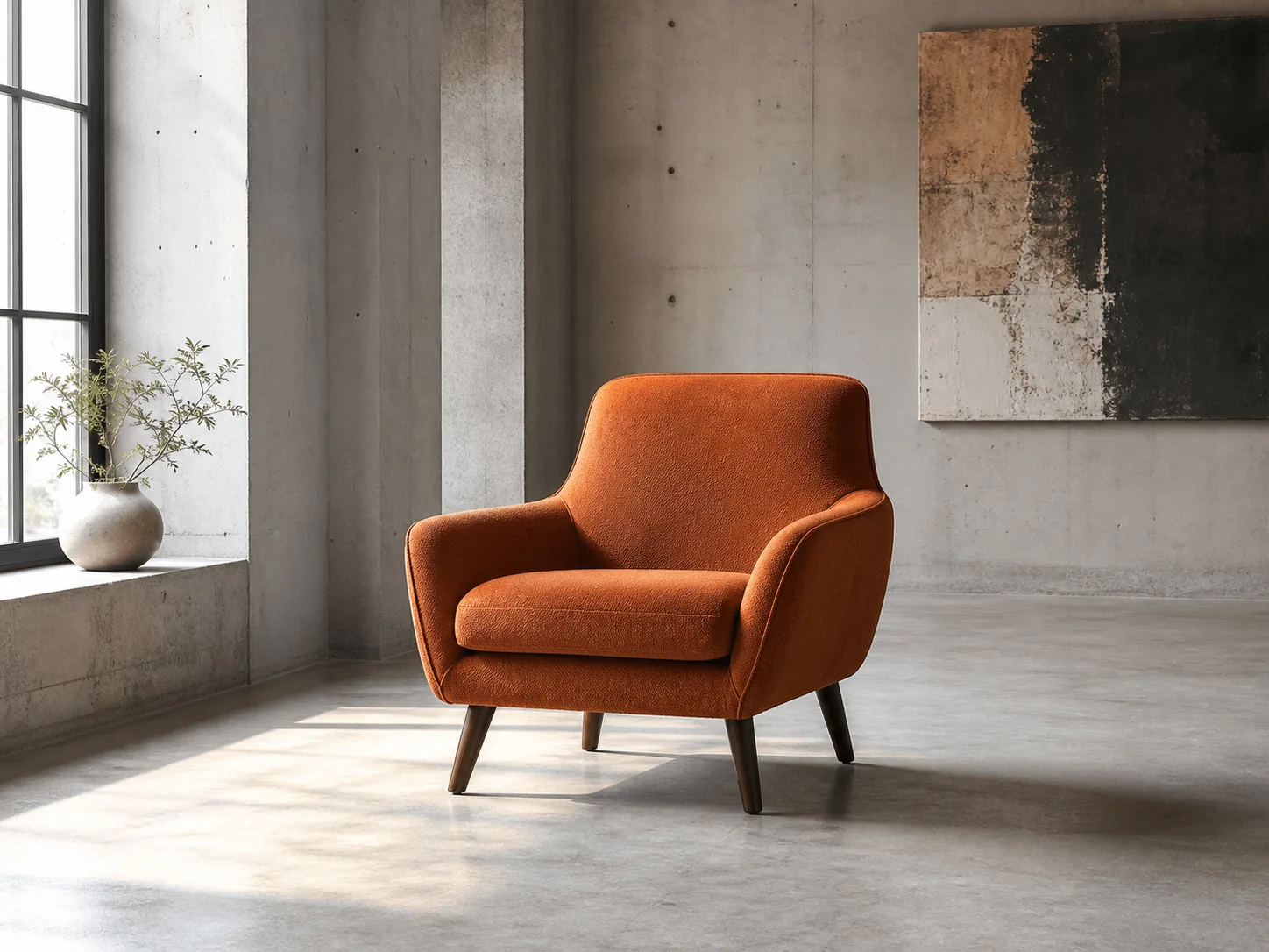 Recommended orange lounge chair grounded in a pale loft with coherent left window light