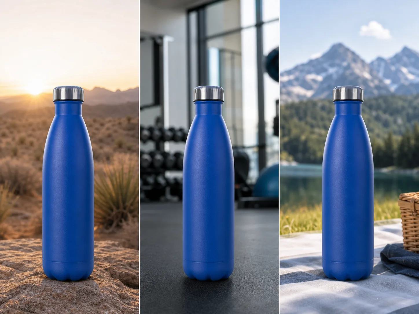 The same cobalt blue bottle placed in desert, gym, and alpine campaign settings