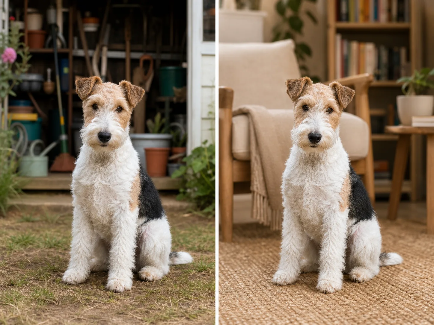 The same wire-haired terrier shown in a garden and in a warm reading nook