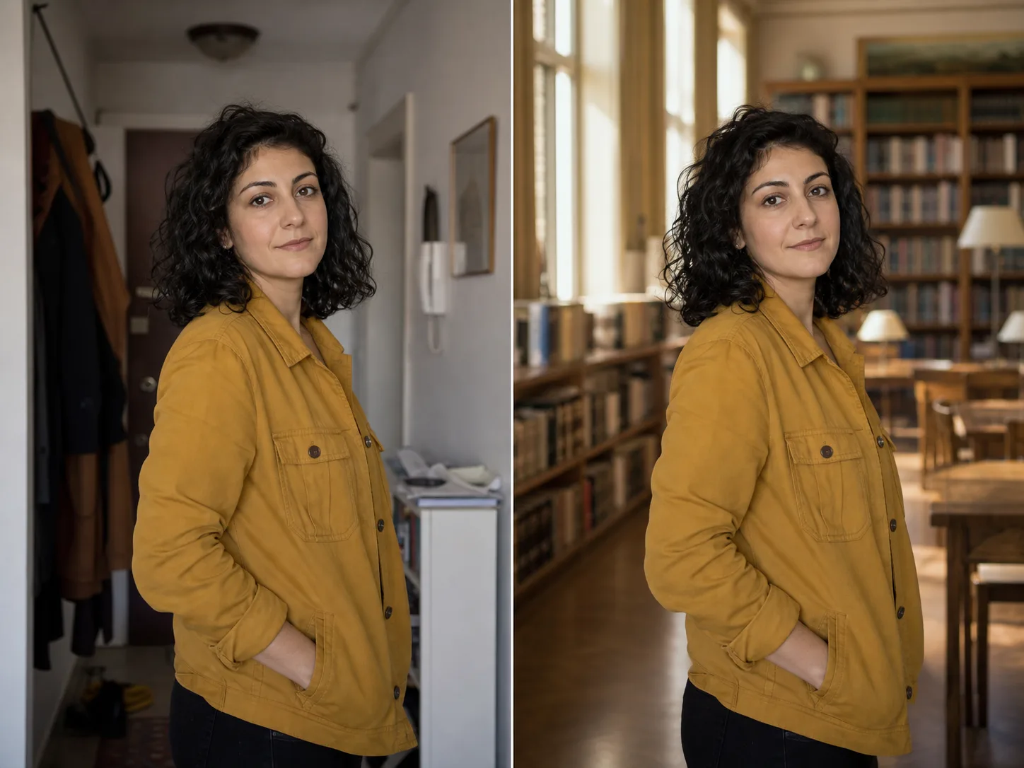 The same fictional woman in a mustard jacket shown in an apartment hallway and a sunlit library