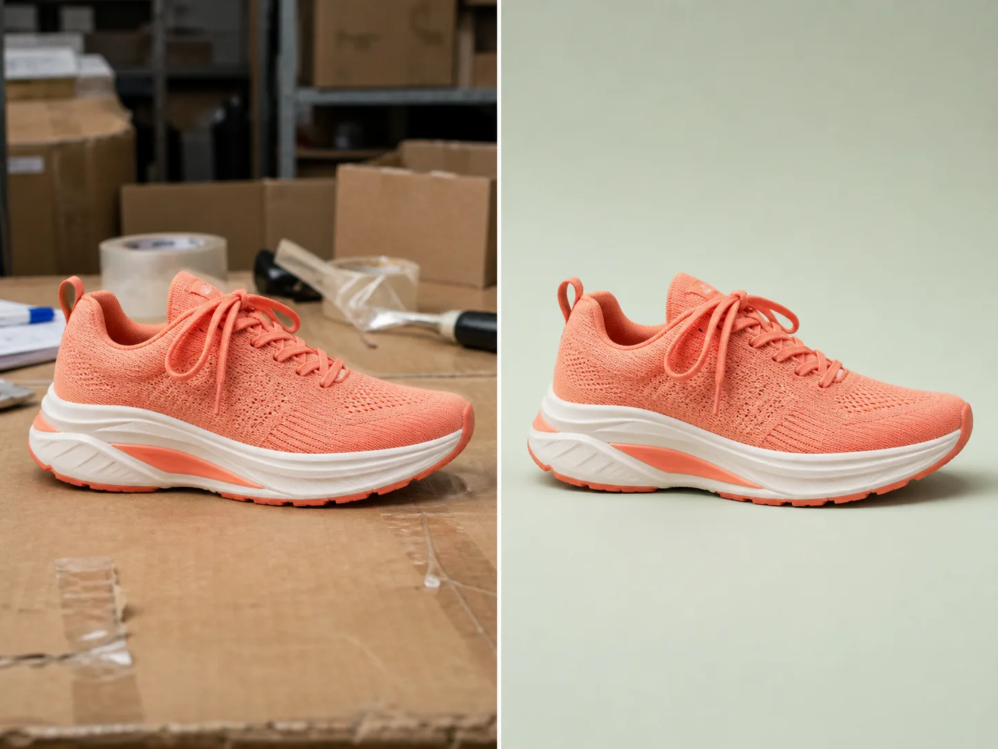 The same coral running shoe shown on a stockroom table and against a clean pale green studio background
