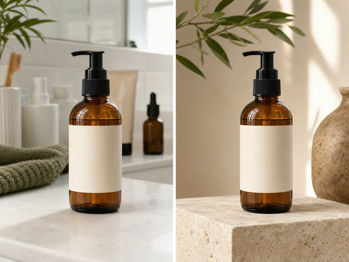 The same amber skincare bottle shown on a bathroom counter and on a limestone product pedestal