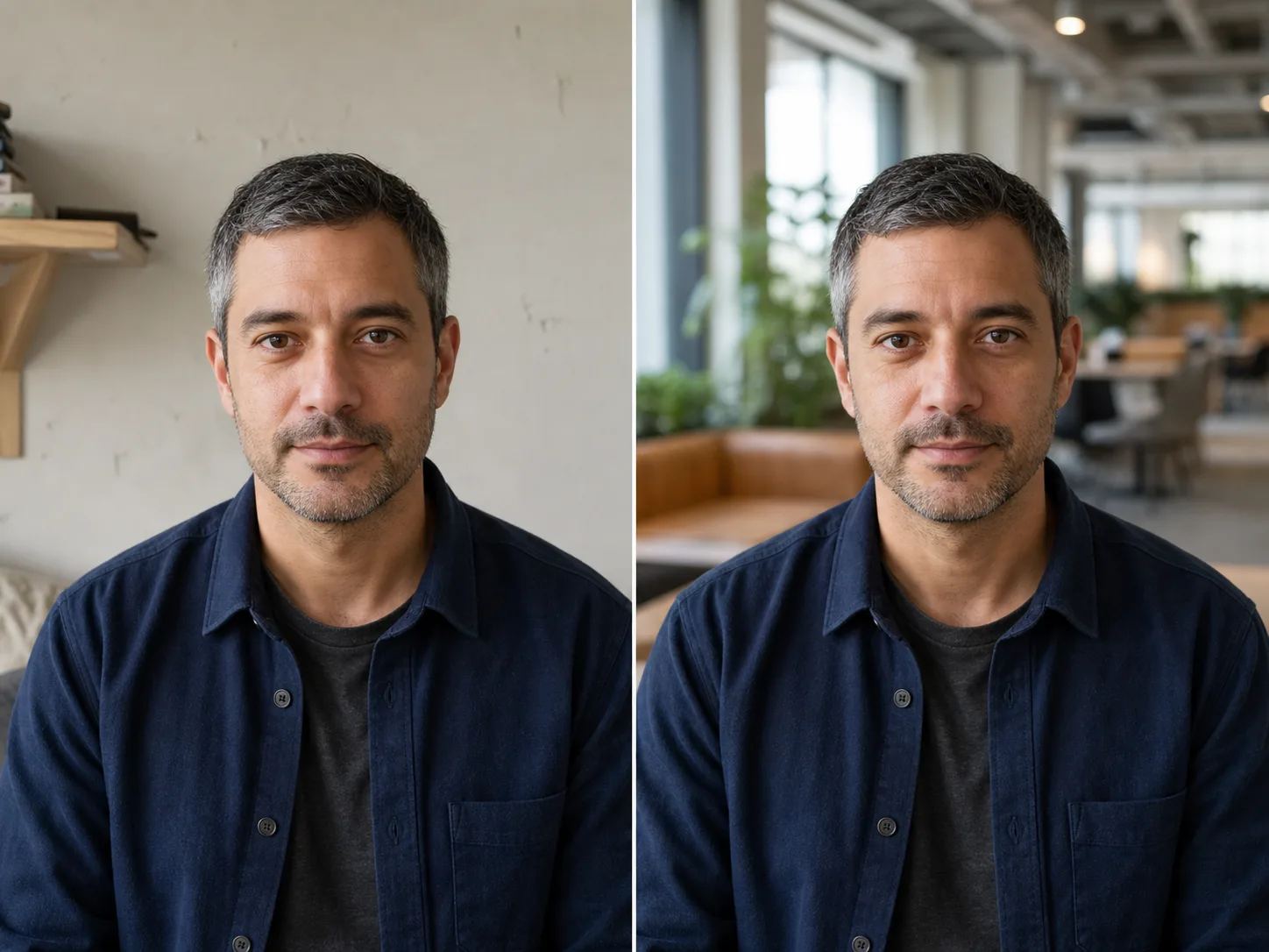 The same fictional man shown against a home wall and a softly blurred coworking lounge