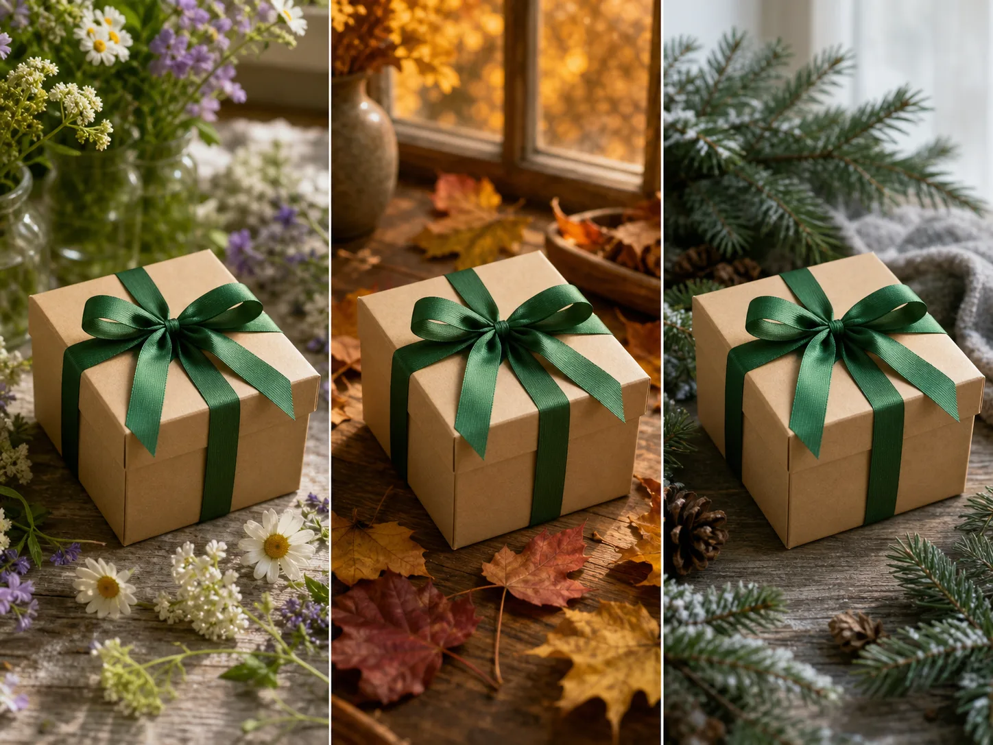 The same kraft gift box placed in spring flower, autumn leaf, and winter evergreen settings