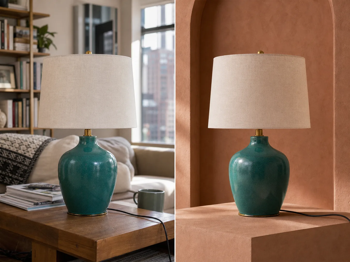 The same teal table lamp shown in a living room and in a new terracotta studio setting
