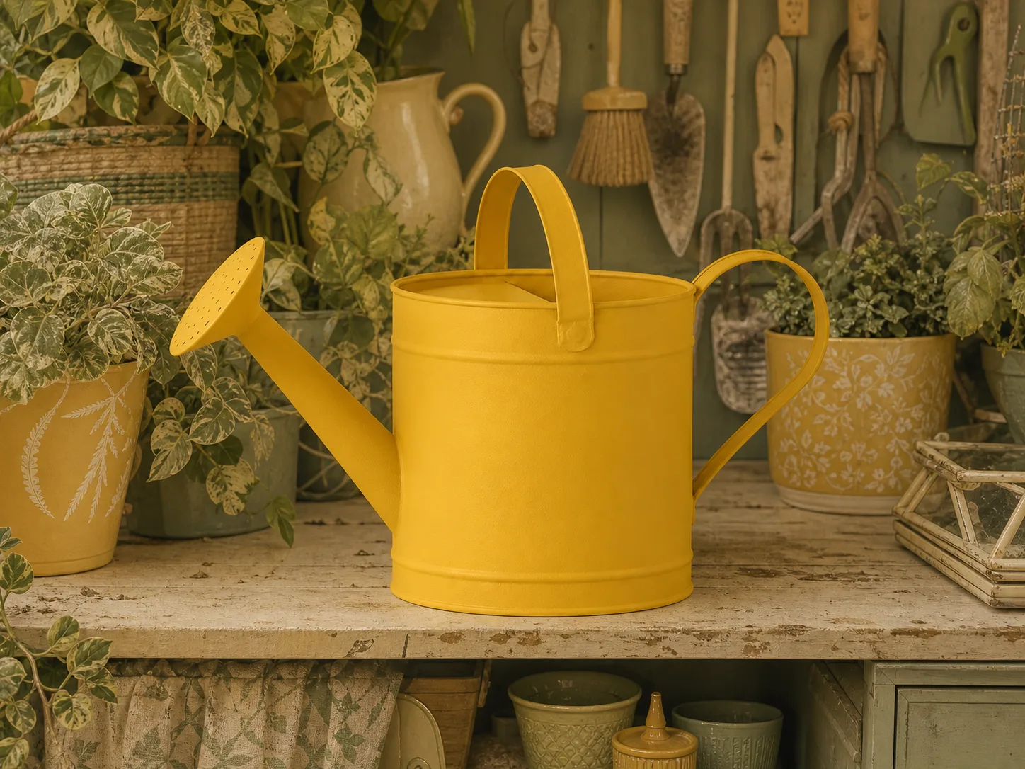 Avoid example of the same yellow watering can surrounded by similar-color plants, pots, and garden tools