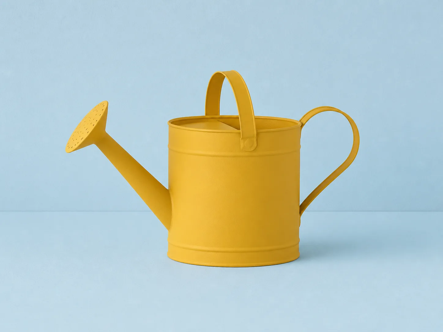 Recommended yellow watering can photographed sharply against a plain contrasting blue background