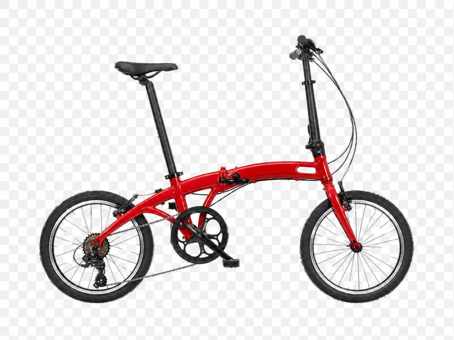 Avoid example of the same red folding bicycle with subtle matte defects around thin parts and edges