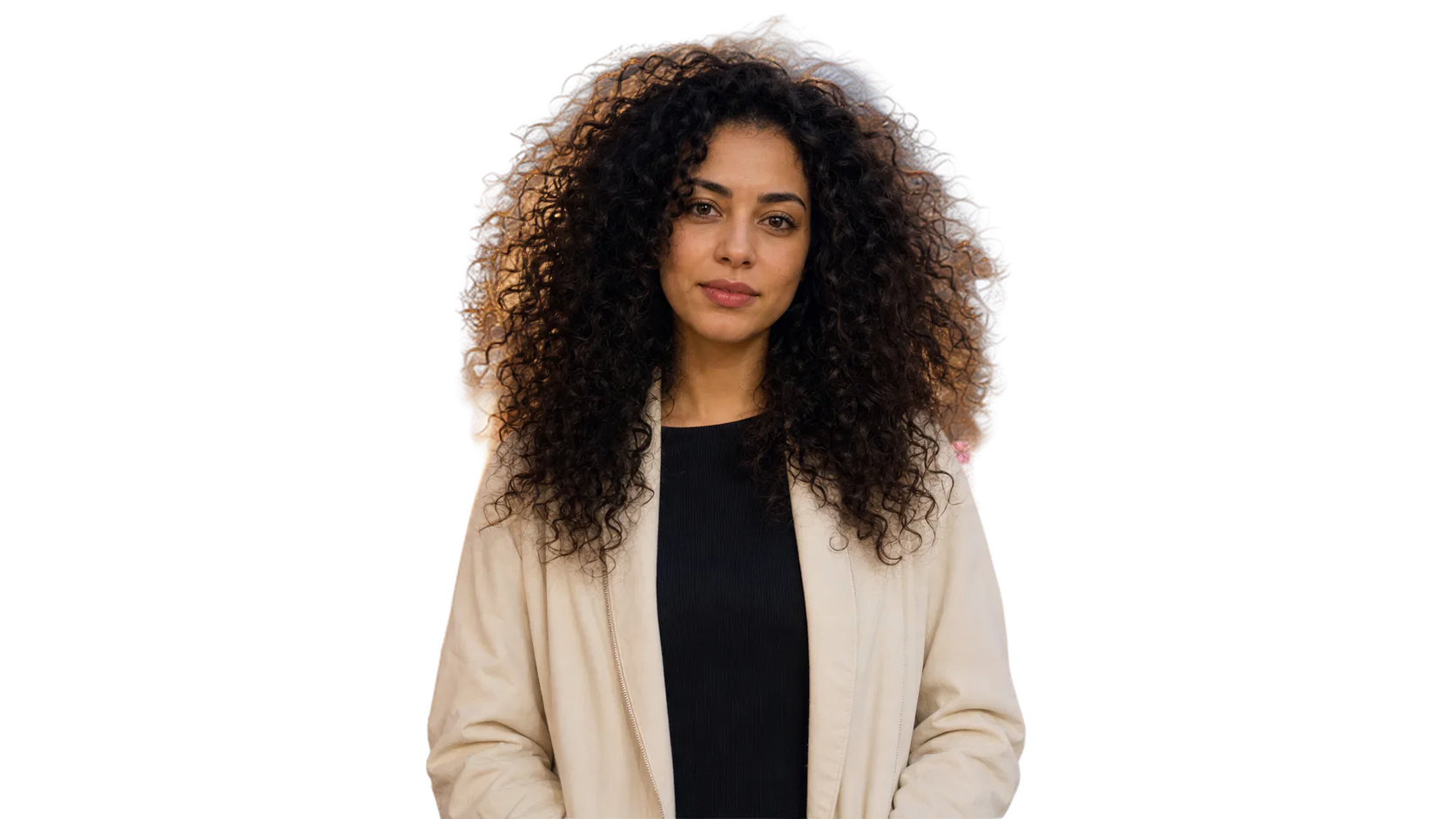 The same fictional woman isolated from the city street on a transparent background
