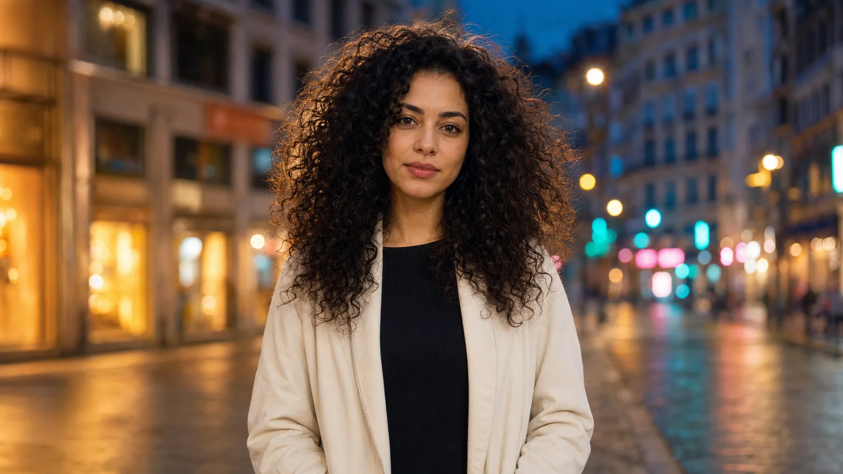 Portrait of a fictional woman standing on a softly lit city street before background removal