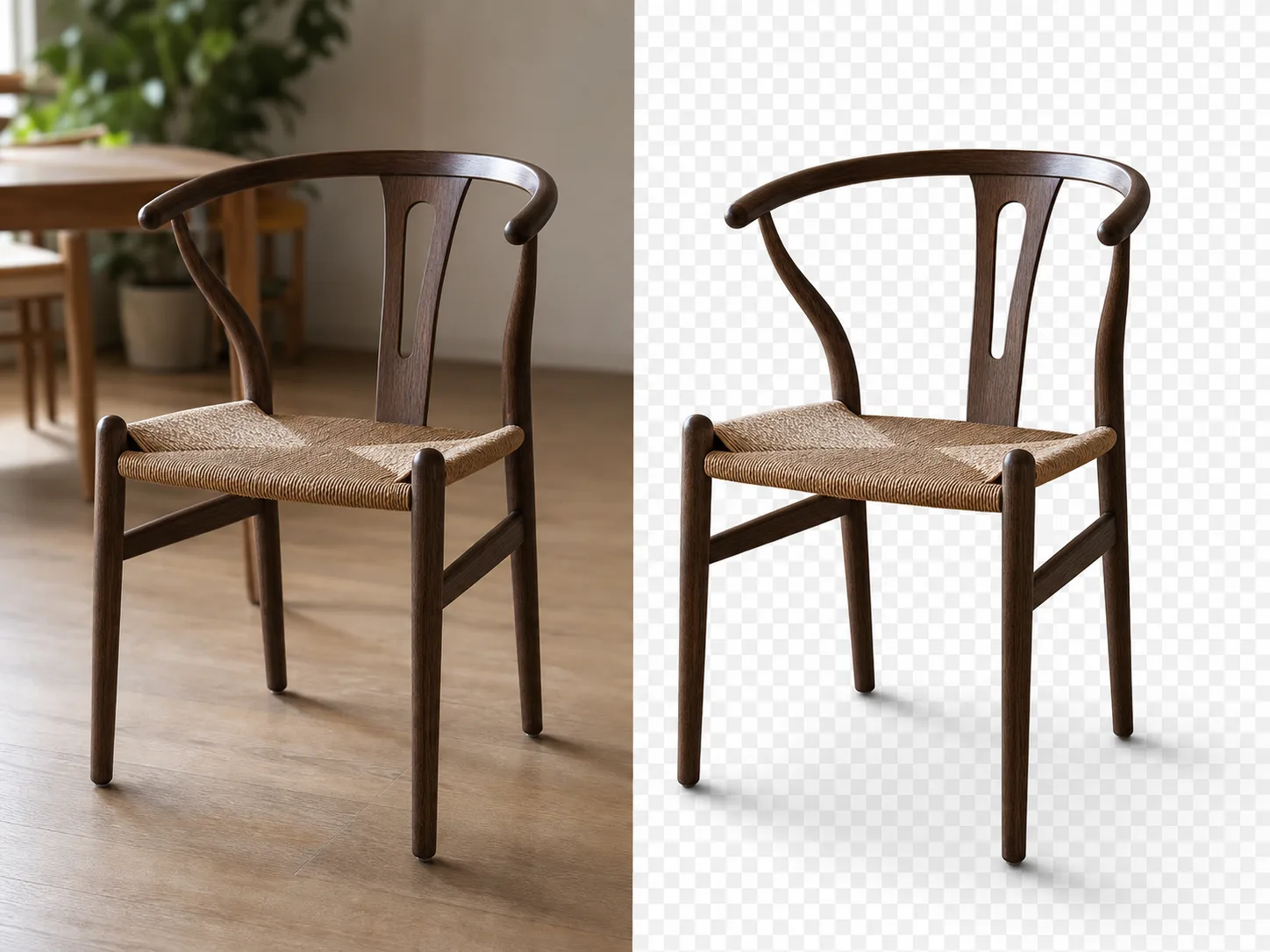 A bentwood chair shown in a dining room and isolated with open frame spaces preserved