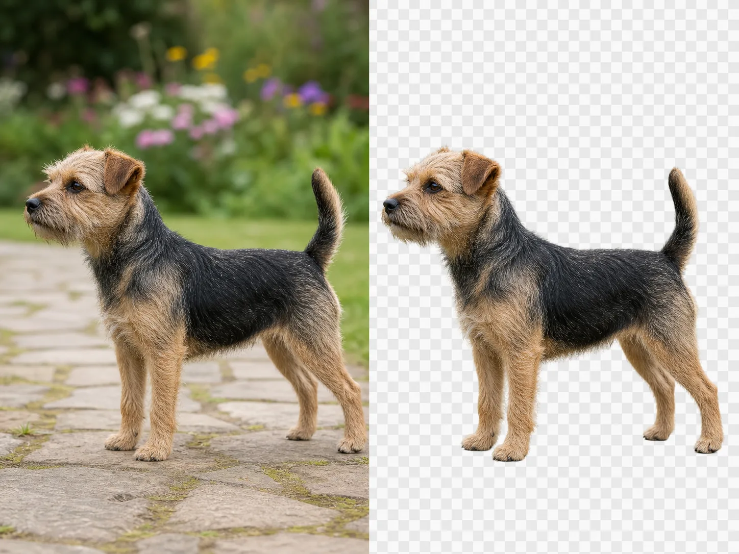 A small terrier shown in a garden and isolated with fine fur visible on transparency