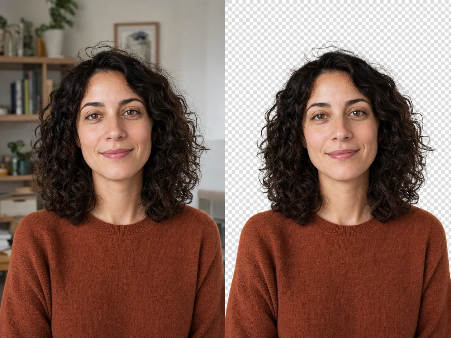 The same fictional woman with curly hair shown in a home office and isolated on transparency