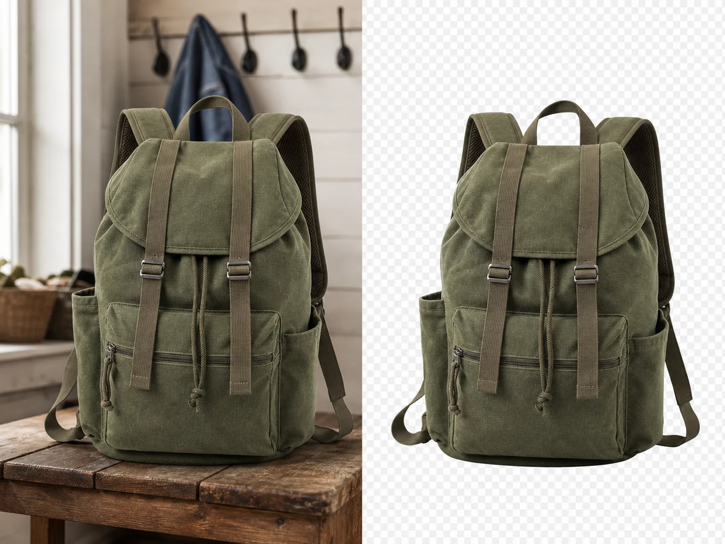 A moss green backpack shown in an entryway and as a transparent product cutout
