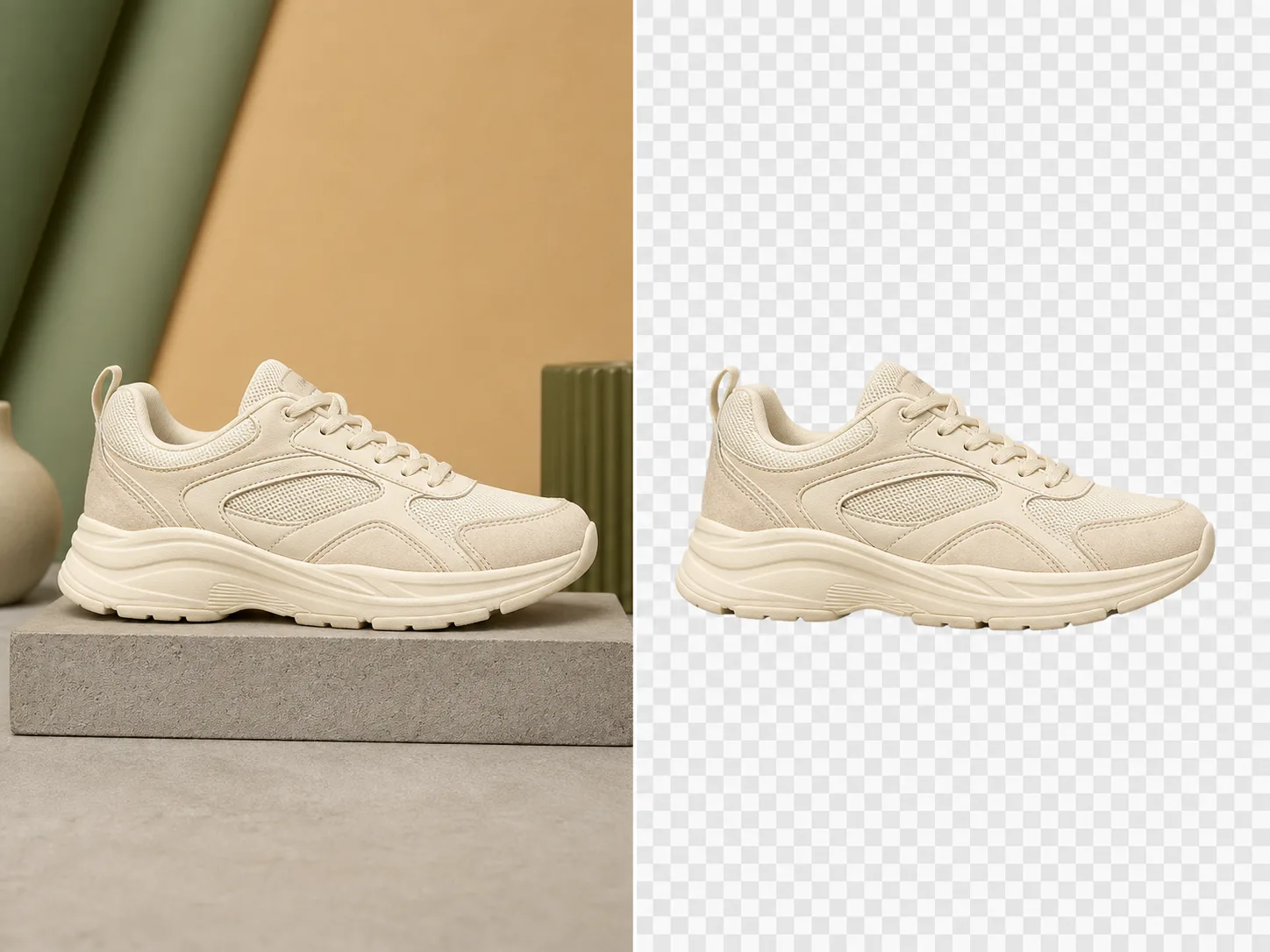 A cream athletic shoe shown on a retail display and isolated for an ecommerce layout