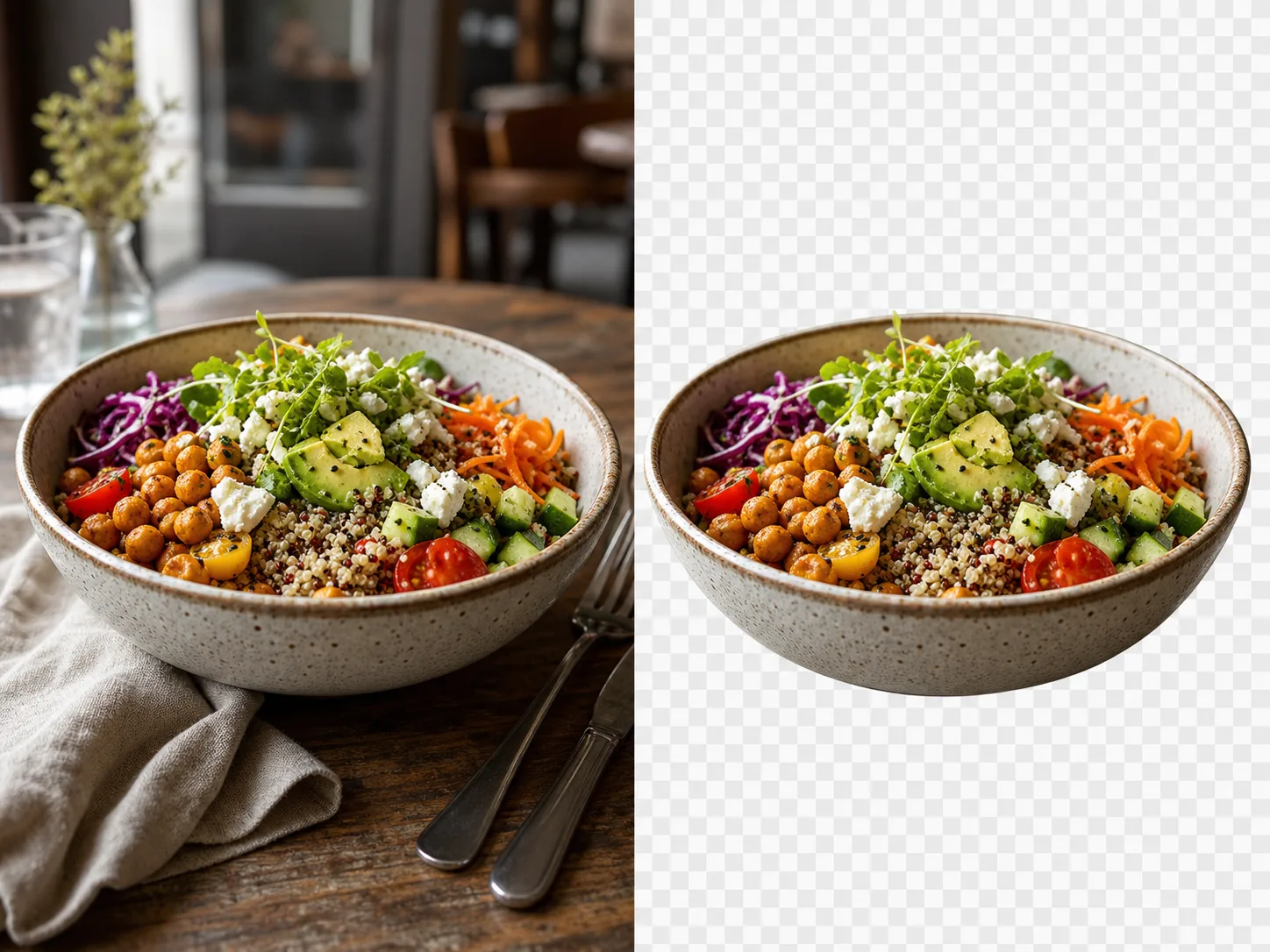 A colorful grain bowl shown on a cafe table and isolated for a menu graphic