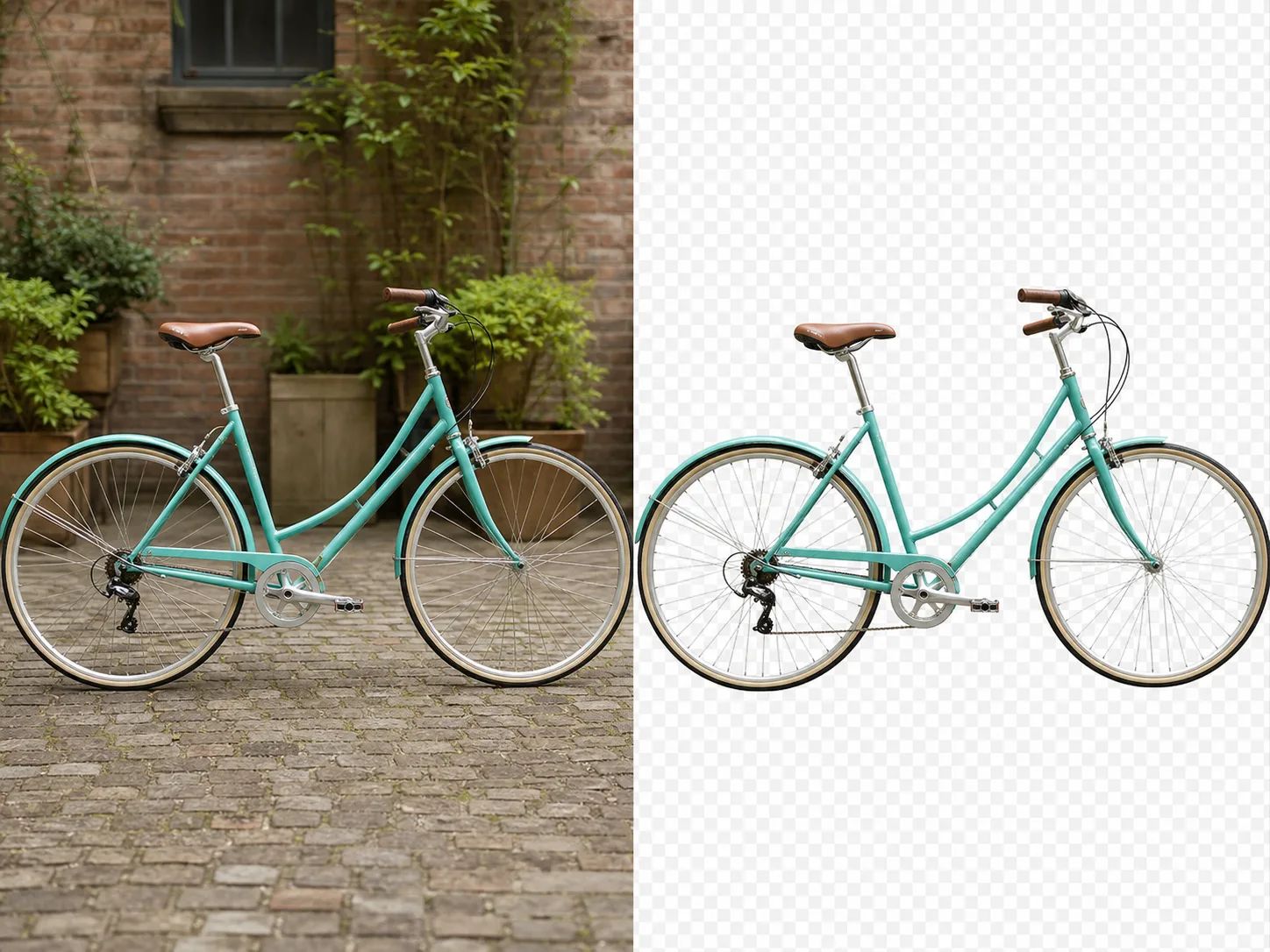 A teal city bicycle shown in a courtyard and isolated for a web or presentation layout